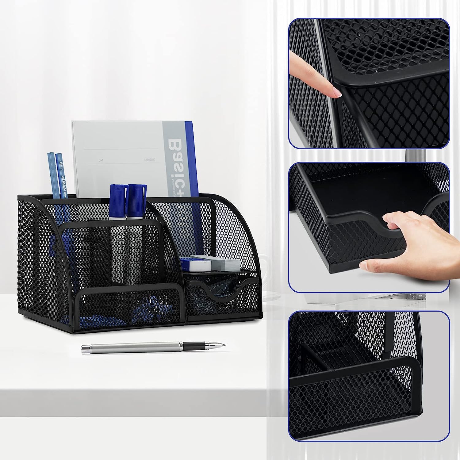 Neudeco Desk Organizers and Accessories, Office Supplies Mesh Desk Organizer Caddy with Drawer 6 Compartments + Pen Holder / 72 Paper Clips Binder Clips Set, Black Desktop Organizer for Home Office - Image 3